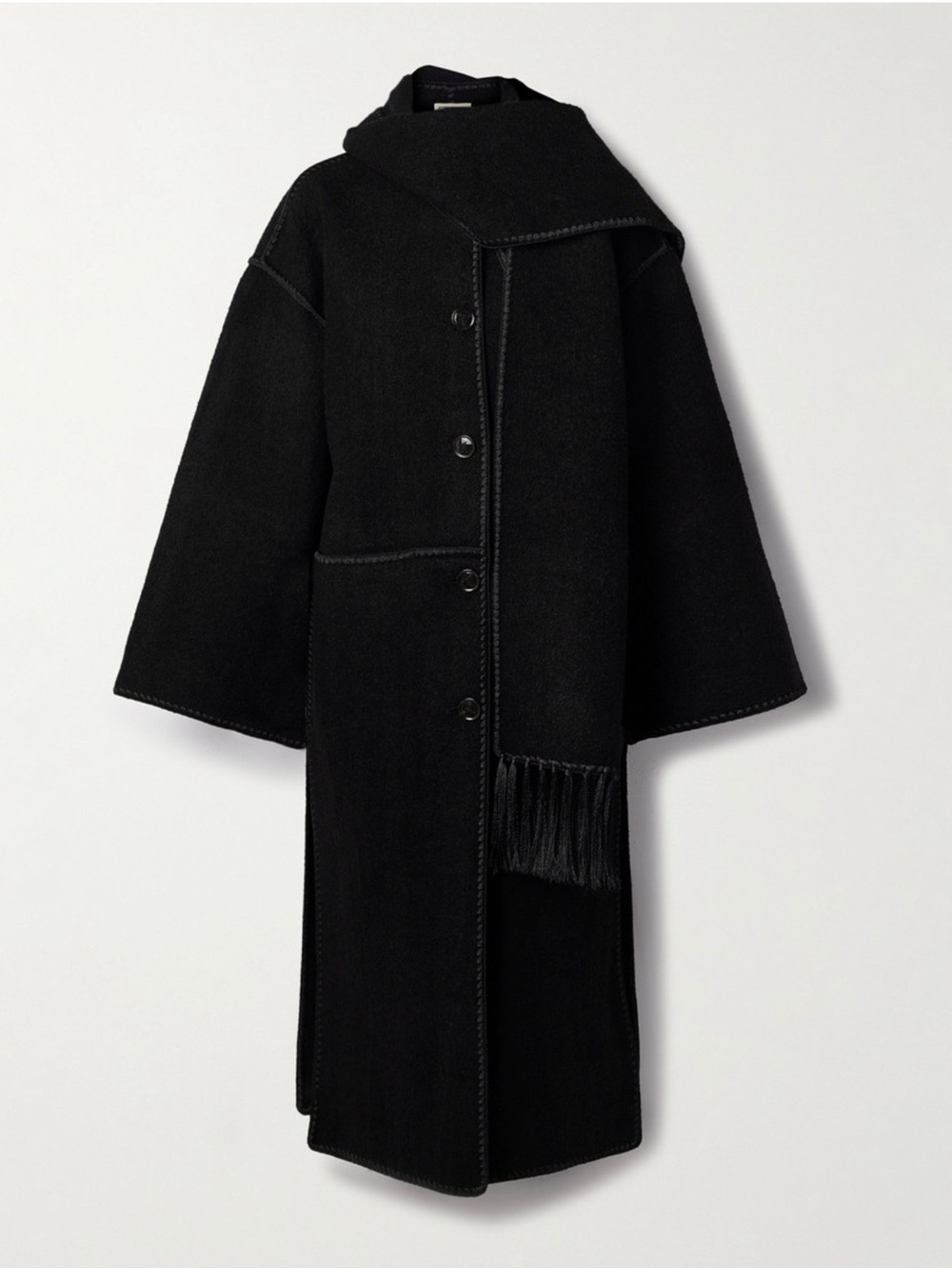 Toteme Black Wool-Blend Hooded Coat with Fringe Scarf Detail